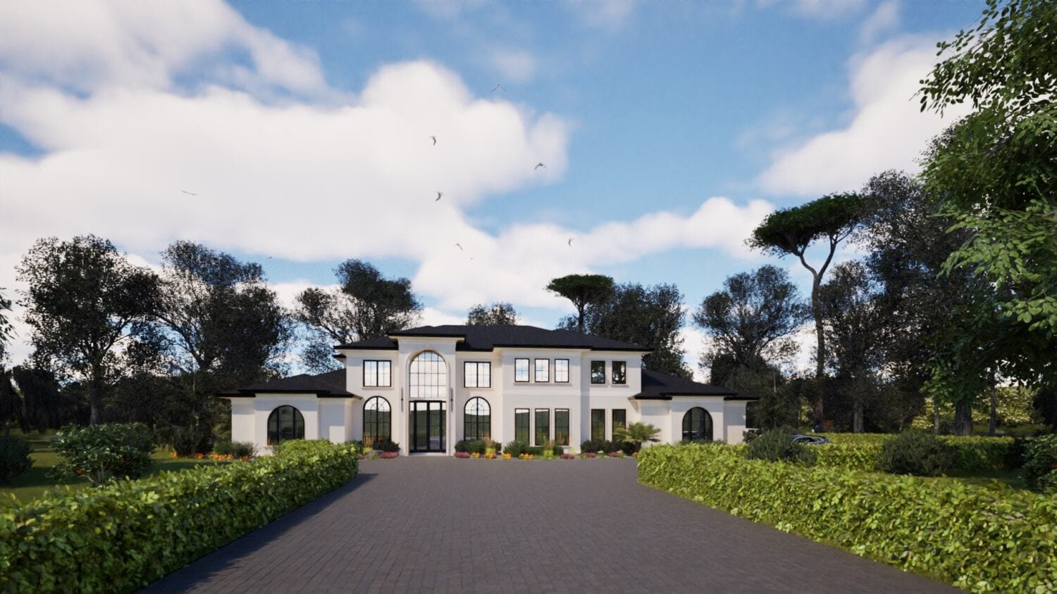 Elegant modern estate with lush landscaping and contemporary architecture.