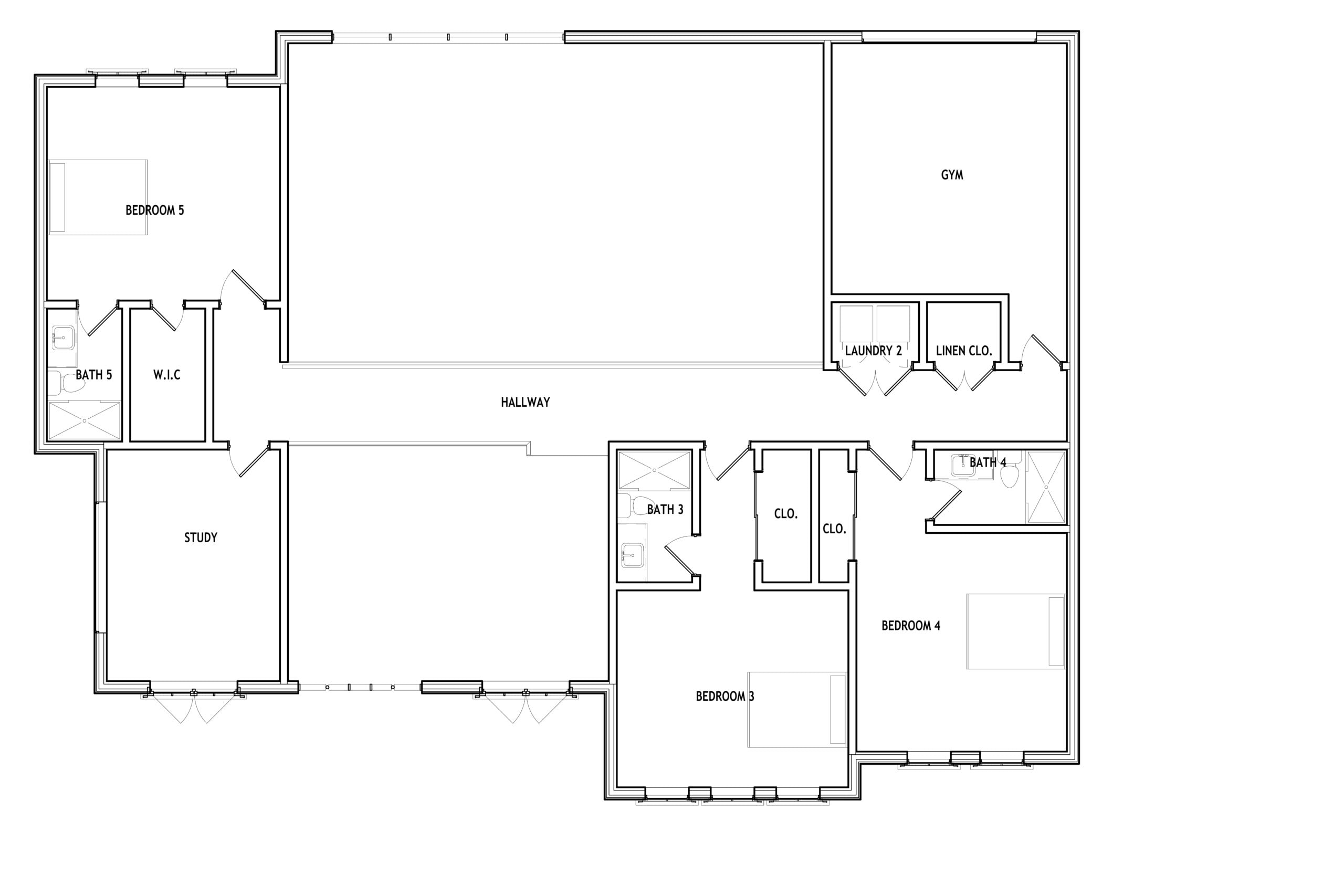 Floor plan of a modern residential home with multiple bedrooms and bathrooms.